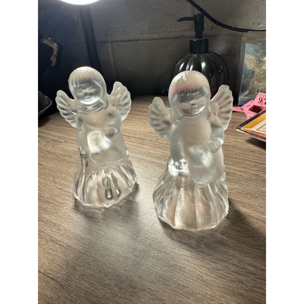Vintage Frosted Glass Angel Bell Figurines Set of 2 Clear Cherub Statues